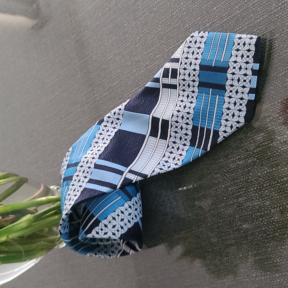 VINTAGE 70s Retro Cravatier Mr Rogers Mod Polyester Neck Tie Mid Century Blue - Picture 5 of 14